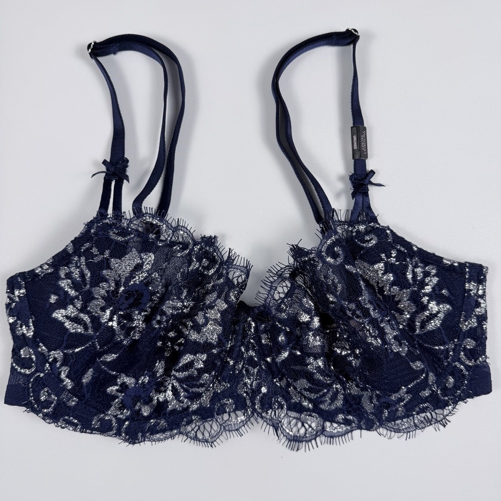 Victoria's Secret Dream Angels Wicked Unlined Metallic Navy Lace Bra Size 32D